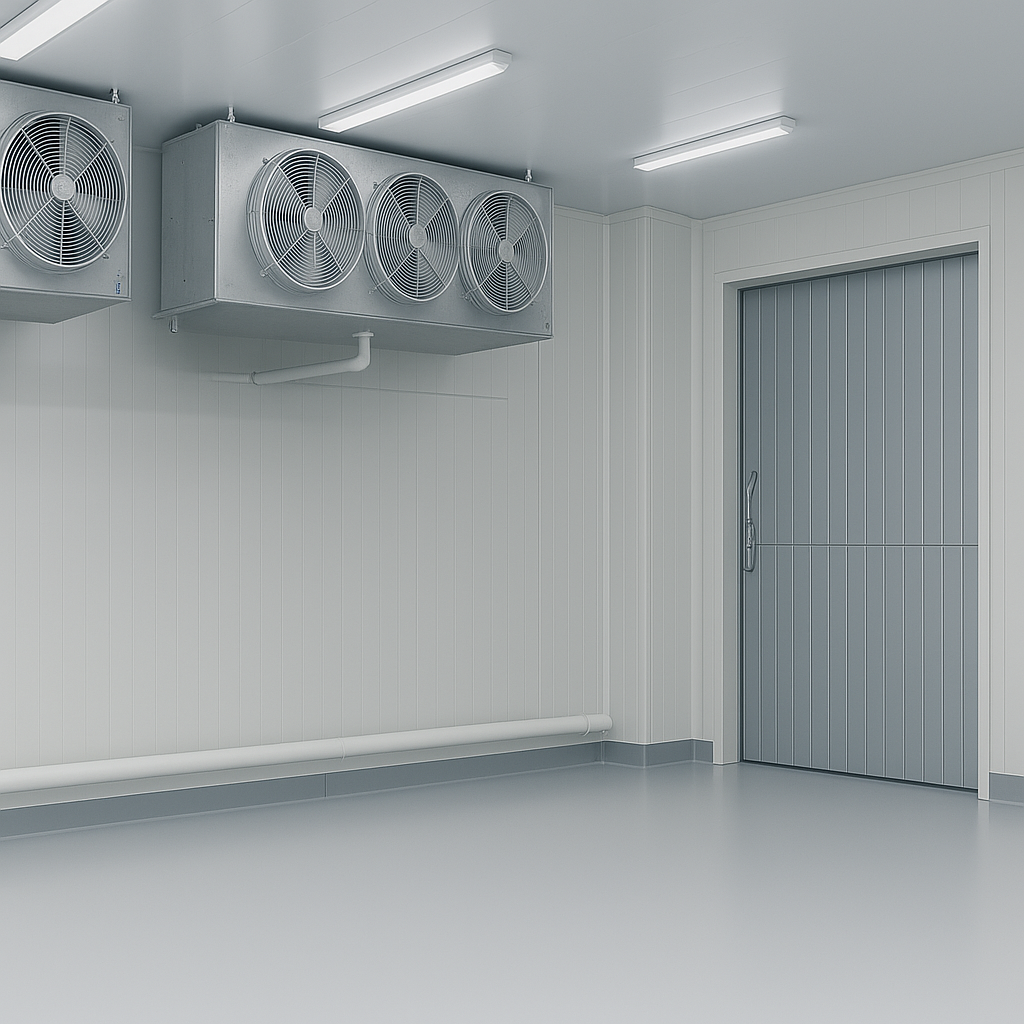 Cuarto frío industrial de Ecoclima con puerta metálica hermética, ventiladores de refrigeración en el techo y paredes blancas, diseñado para mantener temperatura controlada en procesos de conservación y almacenamiento.