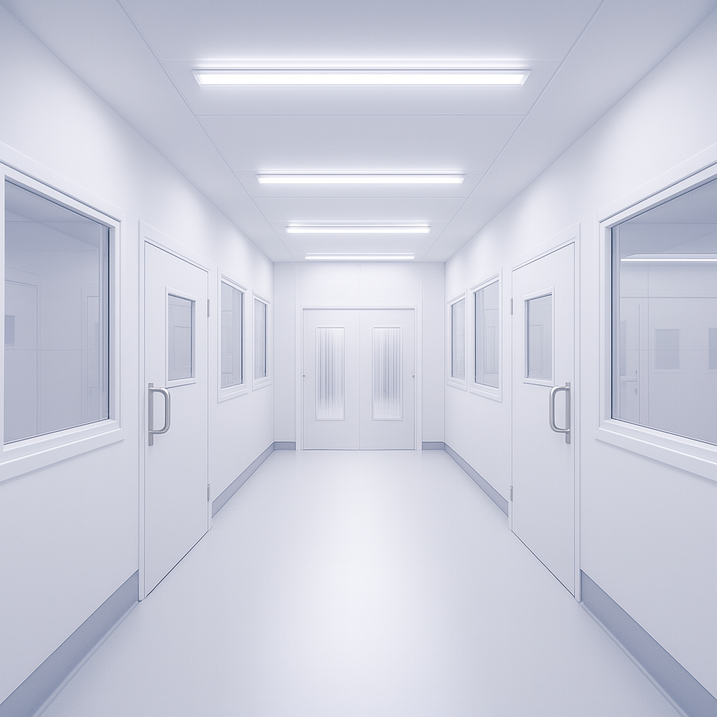 Pasillo de cuarto limpio industrial con paredes blancas, puertas herméticas y ventanas de vidrio, iluminación LED fría, ambiente estéril y moderno ideal para laboratorios o áreas de producción controlada.