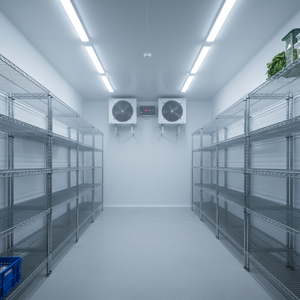 Cuarto frío industrial hiperrealista con puertas metálicas selladas, panel de control digital de temperatura, ventiladores de refrigeración en el techo y paredes aisladas blancas
