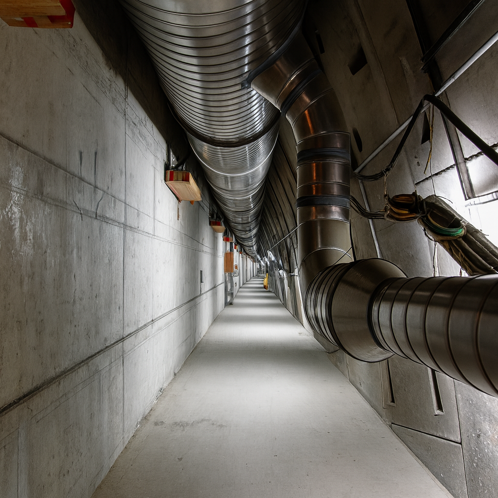 Túnel de ventilación industrial con ductos metálicos de aire, paredes de concreto y diseño de alta eficiencia para sistemas de refrigeración y ventilación en Costa Rica.