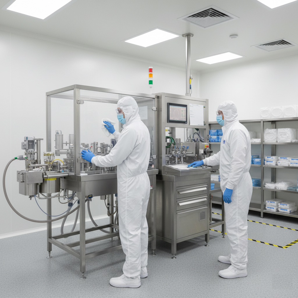 Operarios en traje de bioseguridad trabajando en un cuarto limpio con maquinaria industrial de alta precisión, ambiente controlado y esterilizado para procesos de manufactura.
