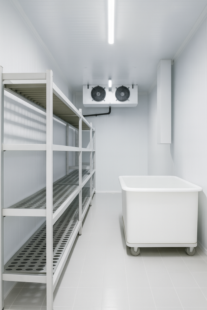 Cuarto frío industrial hiperrealista con puertas metálicas selladas, panel de control digital de temperatura, ventiladores de refrigeración en el techo y paredes aisladas blancas