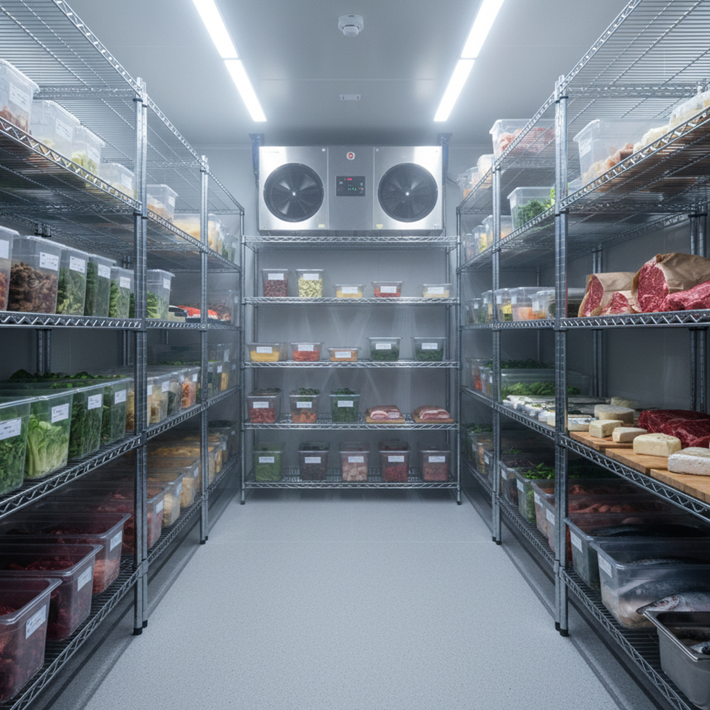 Cuarto frío de supermercado con estantes refrigerados llenos de carnes y alimentos congelados, puerta industrial metálica y sistema de ventilación en el techo, ambiente limpio y ordenado.