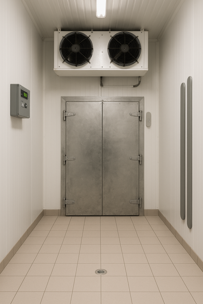 Cuarto frío industrial hiperrealista con puertas metálicas selladas, panel de control digital de temperatura, ventiladores de refrigeración en el techo y paredes aisladas blancas