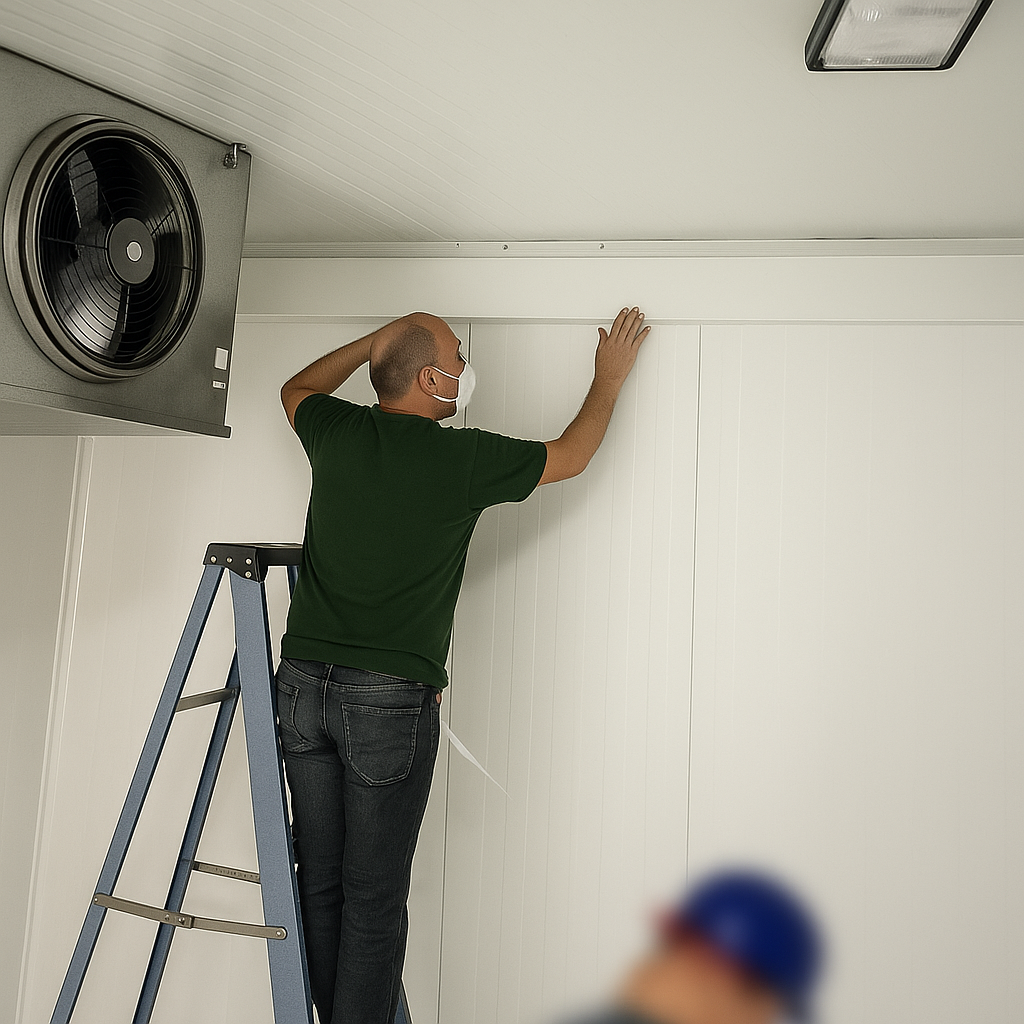 Técnico realizando mantenimiento e instalación de paneles en cuarto frío industrial, asegurando sellado y funcionamiento óptimo del sistema de refrigeración.”