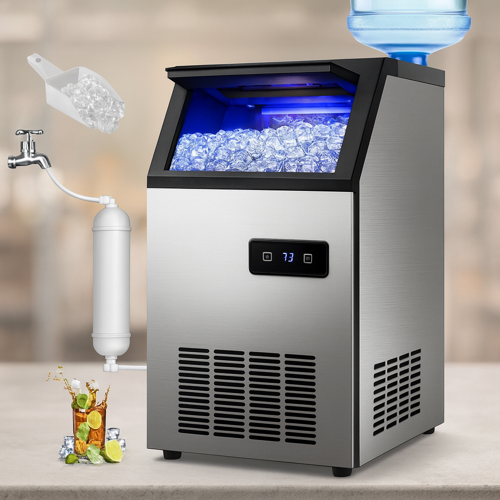 Máquina industrial para hacer hielo en acero inoxidable con depósito iluminado y accesorios, ideal para restaurantes, hoteles y cuartos fríos en Costa Rica.