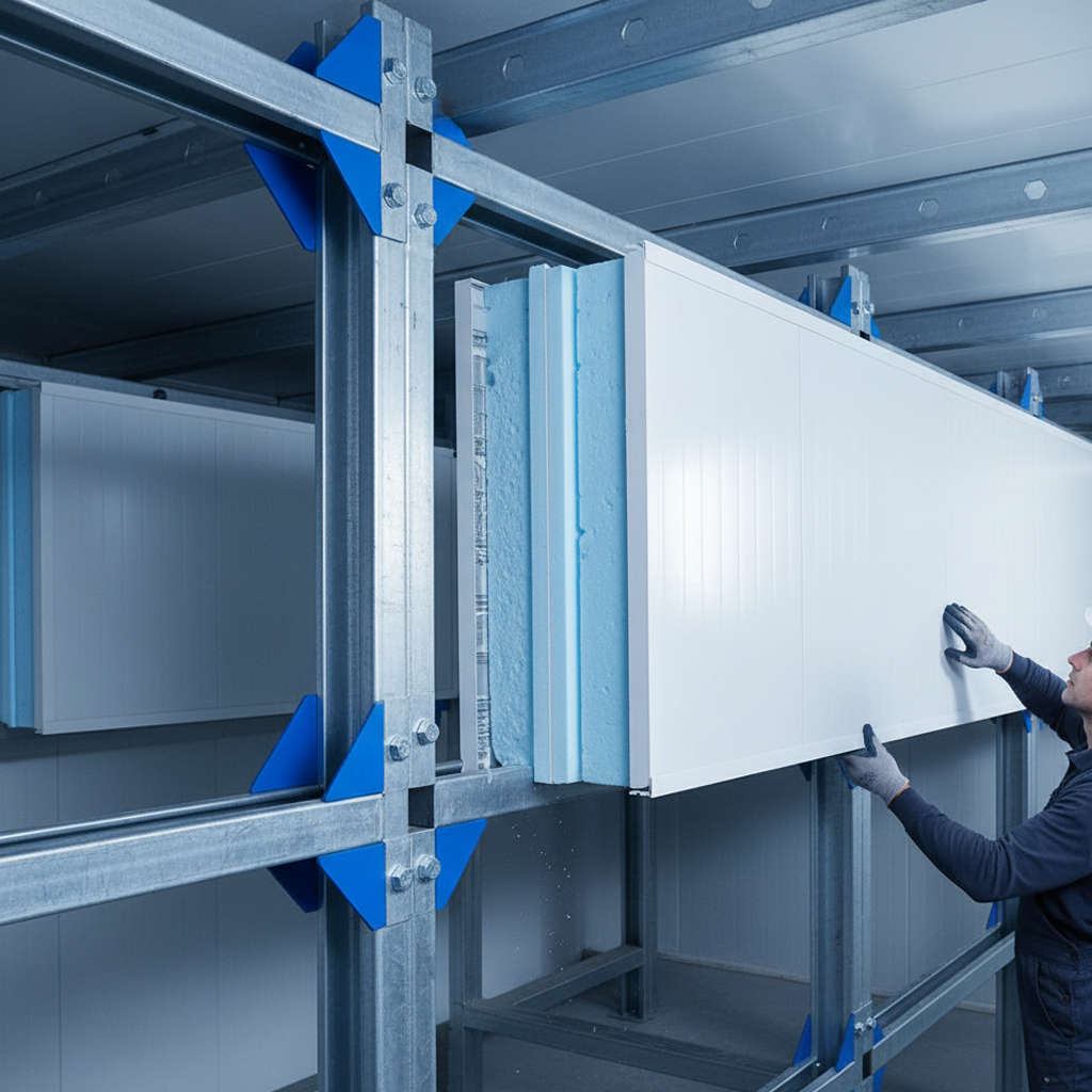 Técnico instalando paneles térmicos tipo sándwich en cámara frigorífica,